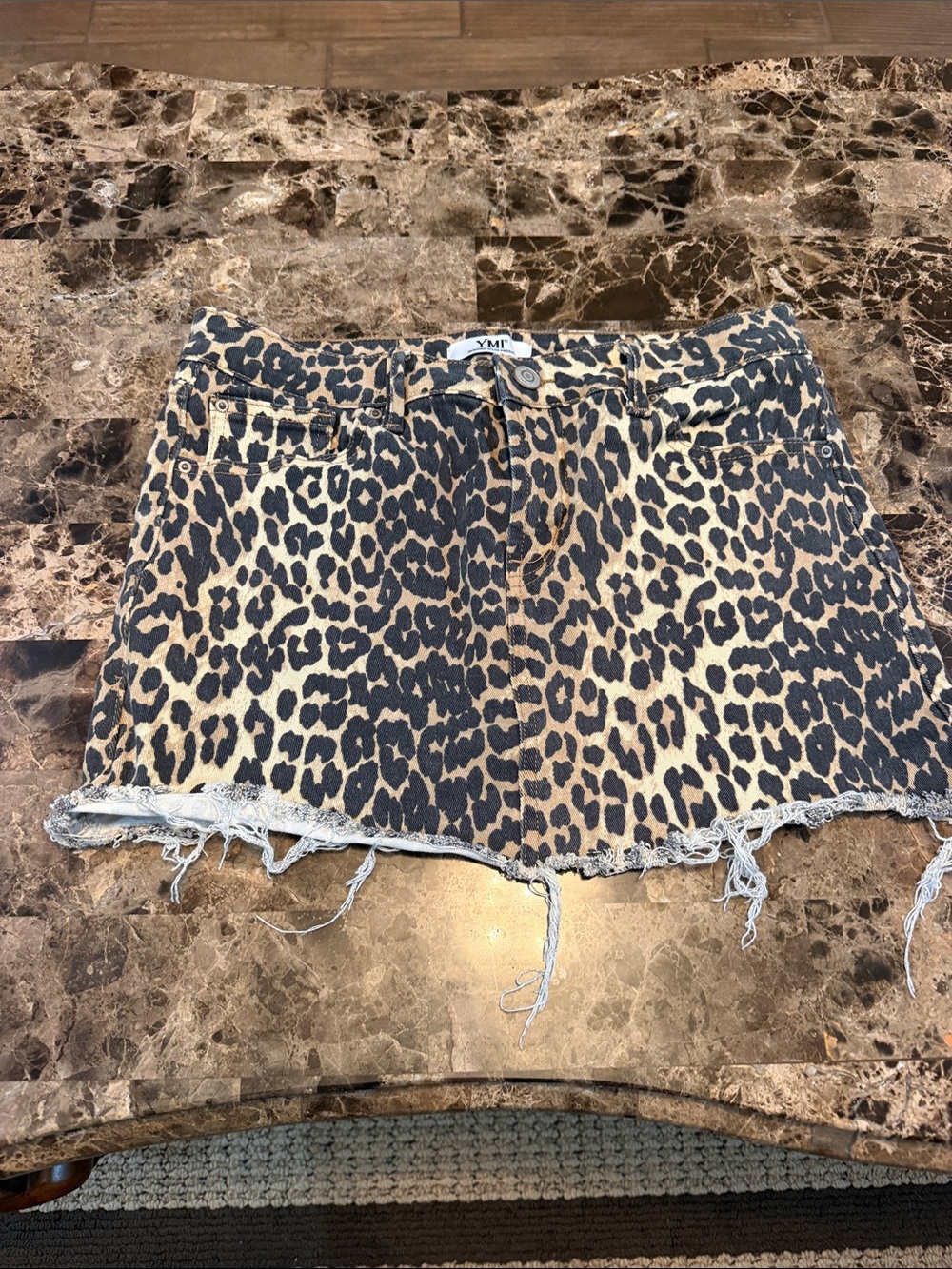 YMI Leopard Print Denim Mini Skirt in Tan and Black